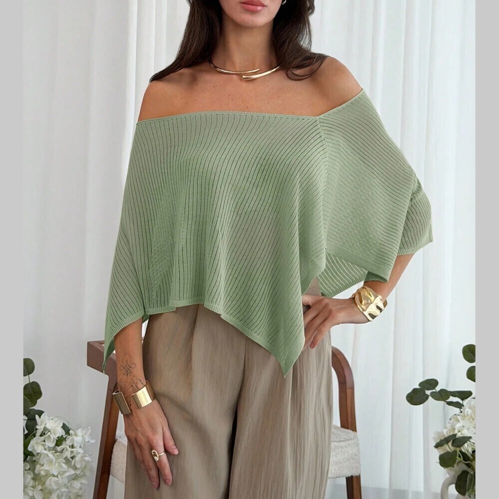 Sage Green Ribbed Knit Off Shoulder Asymmetrical Crop Sweater